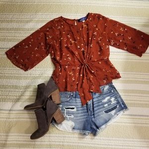 Rust orange 3/4 sleeve floral blouse top